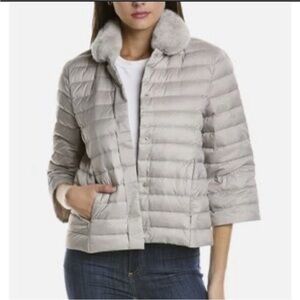NWOT J McLaughlin Cream Grey Key Packable Puffer Jacket Removable Fur Collar M